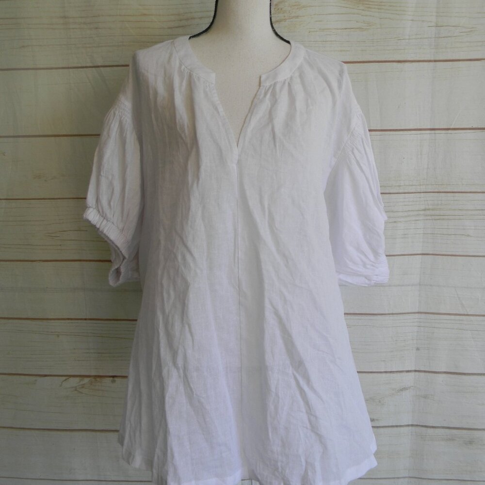 NWT LANE BRYANT LINEN BLEND WHITE V-NECK LIGHT AIRY BREEZY SHORT SLV TOP 22/24W